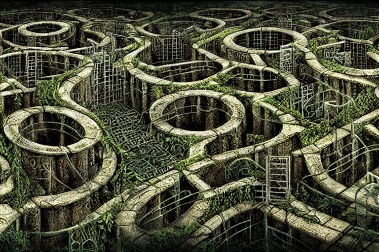Image similar to hyper detailed sewerpunk hedge maze by aleksi briclot, insanely 3 d