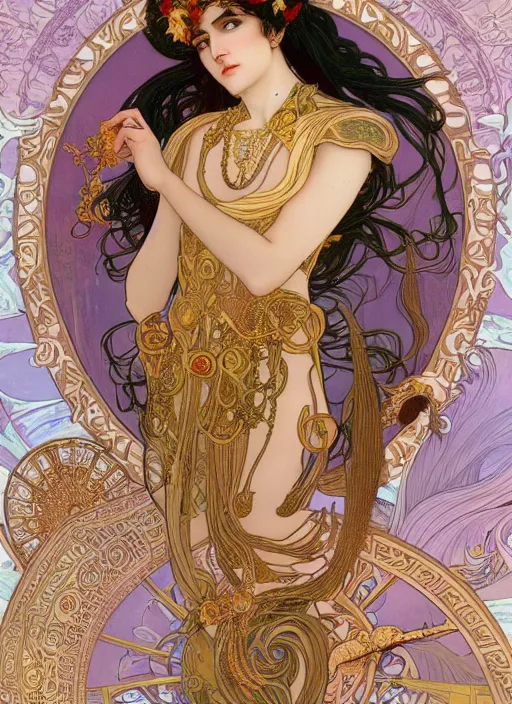 Image similar to thanatos, beautiful male god of death, long hair, wearing ornate silk and lace clothes, gold jewelry, moon, purple feathers, by Alphonse Mucha, by artgerm, super detailed, 8k