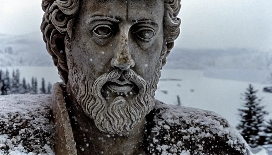 Prompt: 1 9 6 0 s movie still close up of marcus aurelius in toga frozen to death under the snow by the side of a river with gravel, pine forests, cinestill 8 0 0 t 3 5 mm, high quality, heavy grain, high detail, texture, dramatic light, anamorphic, hyperrealistic, detailed hair, foggy