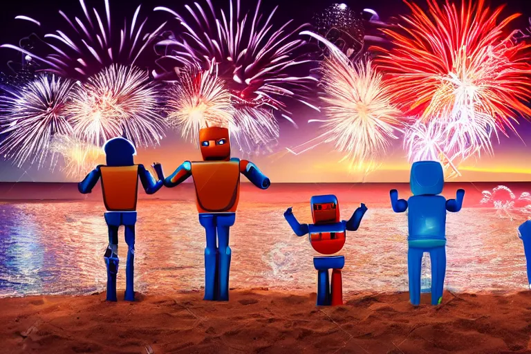 Prompt: happy robots watching the fireworks at the beach, new year, 8k, beatiful, high detail, high resolution