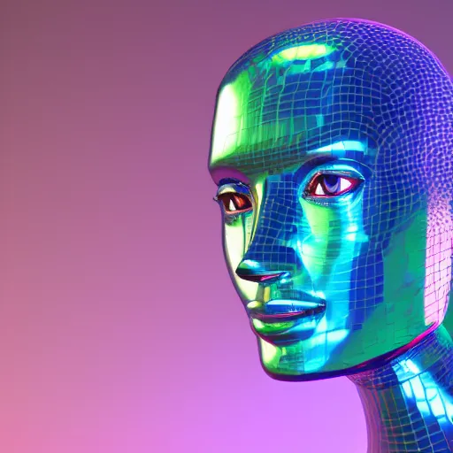 Image similar to 3d render of holographic human robotic head made of glossy iridescent, surrealistic 3d illustration of a human face non-binary, non binary model, 3d model human, cryengine, made of holographic texture, holographic material, holographic rainbow, concept of cyborg and artificial intelligence