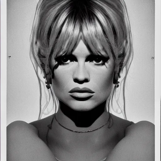 Image similar to stunning symmetrical portrait of brigitte bardot in front of a ( ( ( tall moog synthesizer ) ) ), high contrast grainy blank and white photography print ilford warm tone, huge modular synthesizer