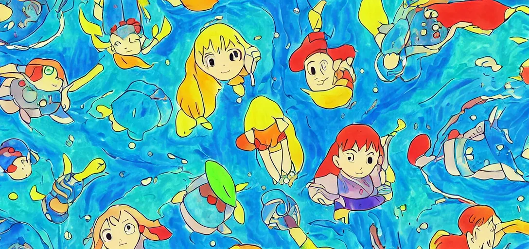 Image similar to colorful pattern of water in the style of ghibli, zelda, ponyo