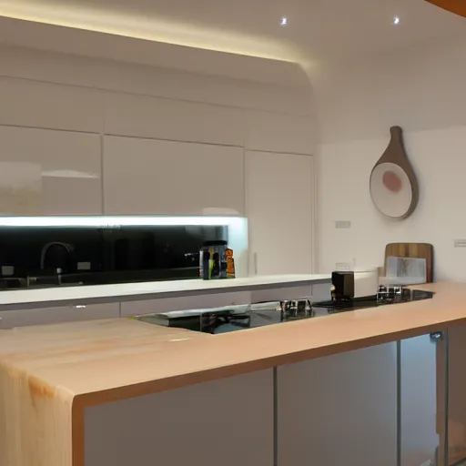 Prompt: Photograph of organic modern style kitchen with led strip lighting, better homes and gardens, 4K, very detailed
