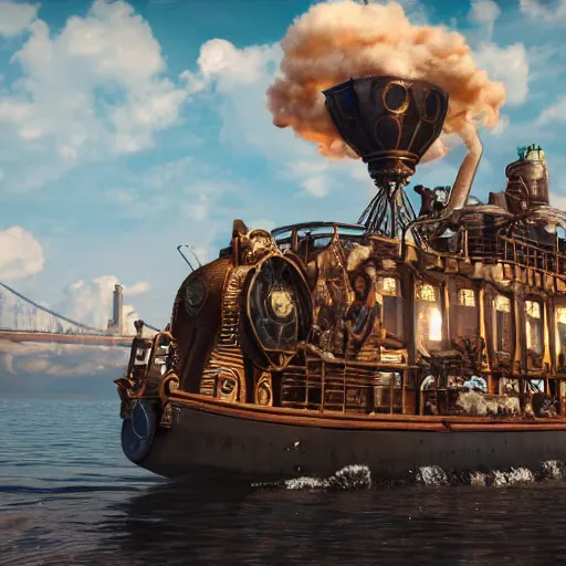 Image similar to a flying steampunk, steamboat from the 1 9 0 0 s with african mask on the front carrying black people across the mississippi river, bioshock infinite, detailed, behrens style, unreal 5 render, fantasy digital art, octane render, beautiful composition, trending on artstation