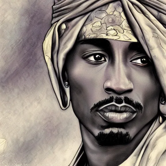 Prompt: tupac shakur art nouveau matte painting, highly detailed,