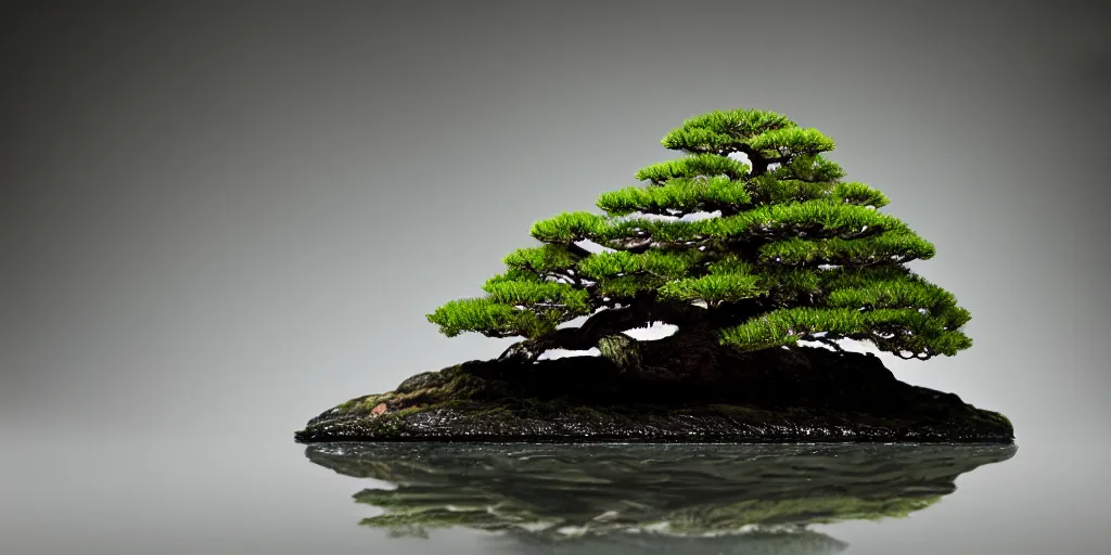 Prompt: photo bonsai cedar on a small angular cnn emerald gemstone in the water, gold hour, soft lighting, light fog, medium full shot, volumetric lighting, beautiful, ultra detailed, cgsociety by leesha hannigan, thierry doizon, 3 5 mm, fujifilm, cinematic, realistic