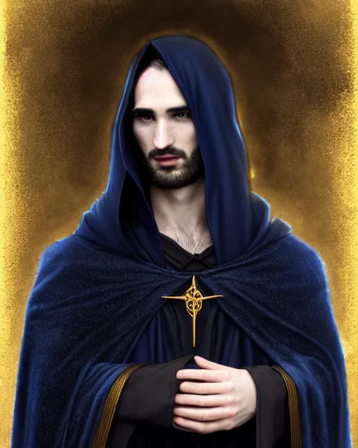 Prompt: wizard tom sturridge, long black hair blue eyes young face wearing cloth mantle gothic navy cloak with gold details, tree town, fantasy character portrait, ultra realistic, intricate, elegant, cinematic lighting, highly detailed, digital painting, artstation, smooth, sharp, focus, illustration, art by artgerm and greg rutkowski and alphonse mucha