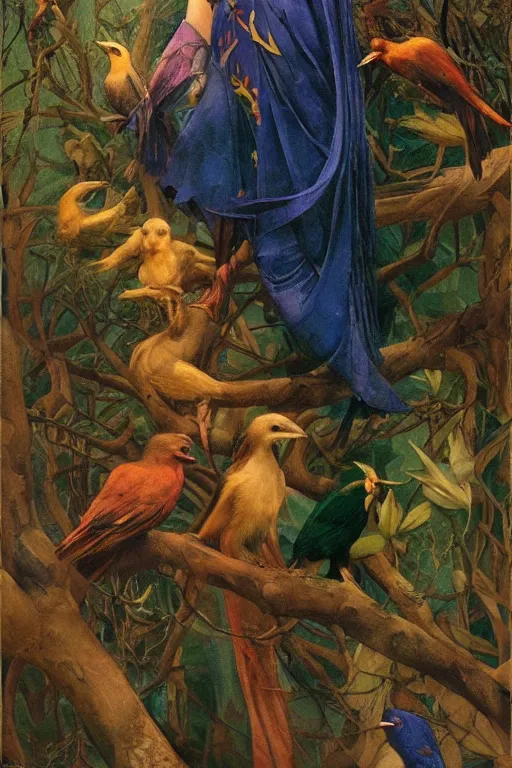 Image similar to the queen of the forest with her birds, by Annie Swynnerton and Nicholas Roerich, elaborately costumed, rich color, dramatic cinematic lighting, smooth, sharp focus, extremely detailed, featured on artstation