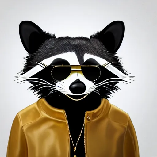 Image similar to raccoon with shades and a gold chain wearing a leather jacket