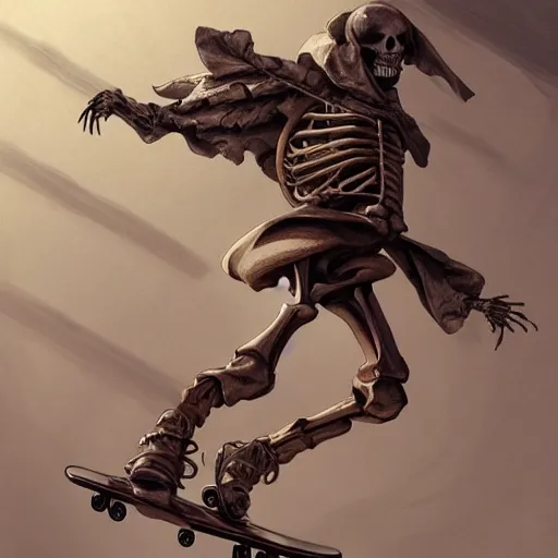 Prompt: a skeleton fashion model, riding a skateboard, full body pose, historical, intricate, highly detailed, dynamic lighting, digital art, digital painting, artstation, wlop, sharp focus, illustration, art by artgerm and greg rutkowski and alphonse mucha