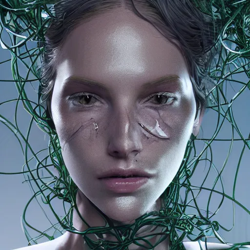 Image similar to a highly detailed digital image of a futuristic woman shattered and beautifully entangled in vines, by Andrew Chiampo, artstation, and Frederik Heyman, extremely detailed woman, stunning volumetric lighting, hyperrealism, fantasy. 4k