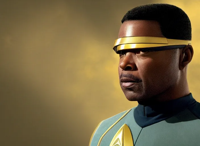 Prompt: Star Trek a hyper realistic ultra realistic photograph of Commander Geordi La Forge wearing his visor, highly detailed, 8k photograph