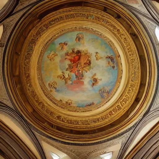 Image similar to ornated circular ceiling, with paintings of angels, highly detailed