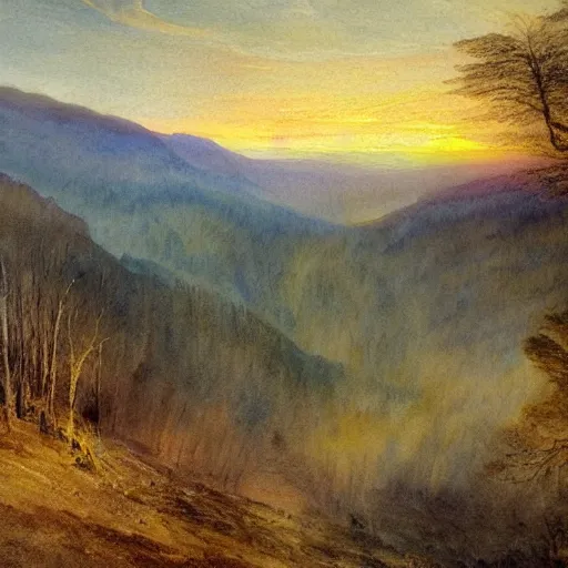 Image similar to a beautiful watercolor painting of an epic appalachian wilderness at dawn by j. m. w. turner, wide angle shot, godrays, mystical, deep shadows, epic scale