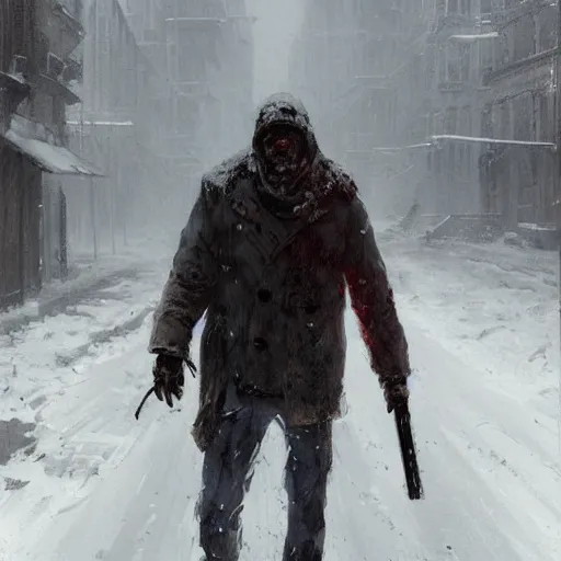 Image similar to a man walking in the snow in zombie apocalypse by greg rutkowski