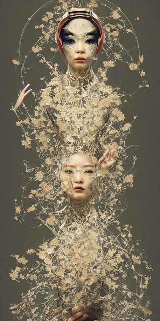 Image similar to portrait of a futuristic geisha, kintsugi, fractal, intricate, elegant, highly detailed, digital photography, subsurface scattering, by jheronimus bosch and greg rutkowski,