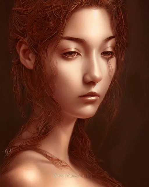 Prompt: Carved mahogany wooden portrait, beautiful woman carved wood by artgerm and WLOP, floral overgrowth, deviantart