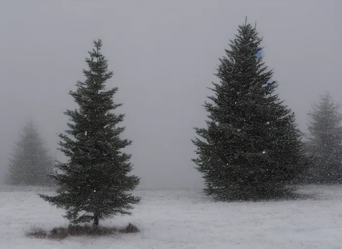 Prompt: a single fir tree in a desolate blizzard landscape, very foggy, out - of - focus lights in the background