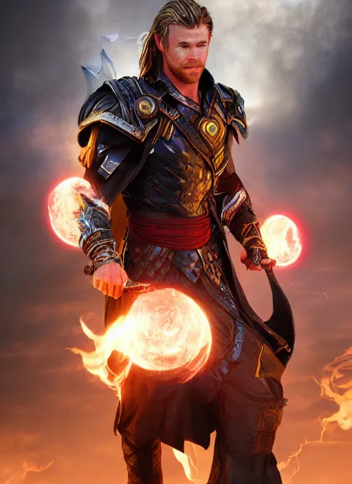 Prompt: A fantasy comic book style portrait painting of Chris Hemsworth as a Warrior Sorcerer in dark castle setting, unreal 5, DAZ, hyperrealistic, octane render, RPG portrait, dynamic lighting