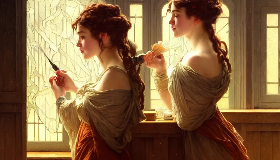 Prompt: highly detailed oil painting | very intricate | cinematic lighting | award - winning | craftsman | building a piece of furniture in their workshop | by charlie bowater, by greg rutkowski, by j. c. leyendecker and edmund blair leighton, beautiful cinematic light, american romanticism, by alphonse mucha, artstation, cgsociety, official art, octane