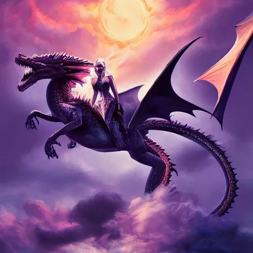 Prompt: Daenerys Targaryen riding a dragon, digital art, epic lighting, stunning colors