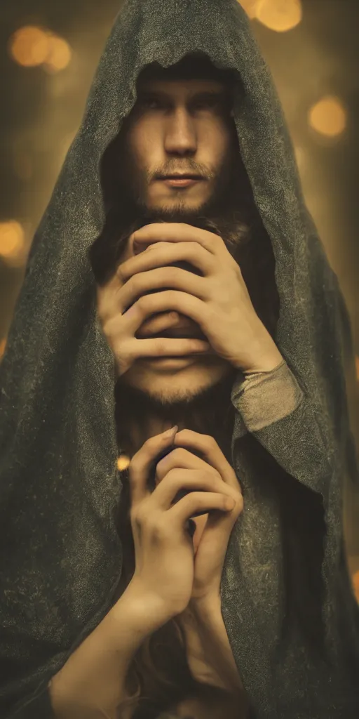 Image similar to portrait of a mysterious wizard with a Hood, bright eyes, fantasy, photorealistic, bokeh, magic lights, cinematic