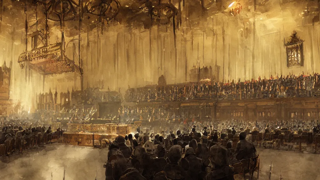 Image similar to parliament session inside of parliament, papyrus, watercolored, jakub rozalski, dishonored, dark colours, artstation