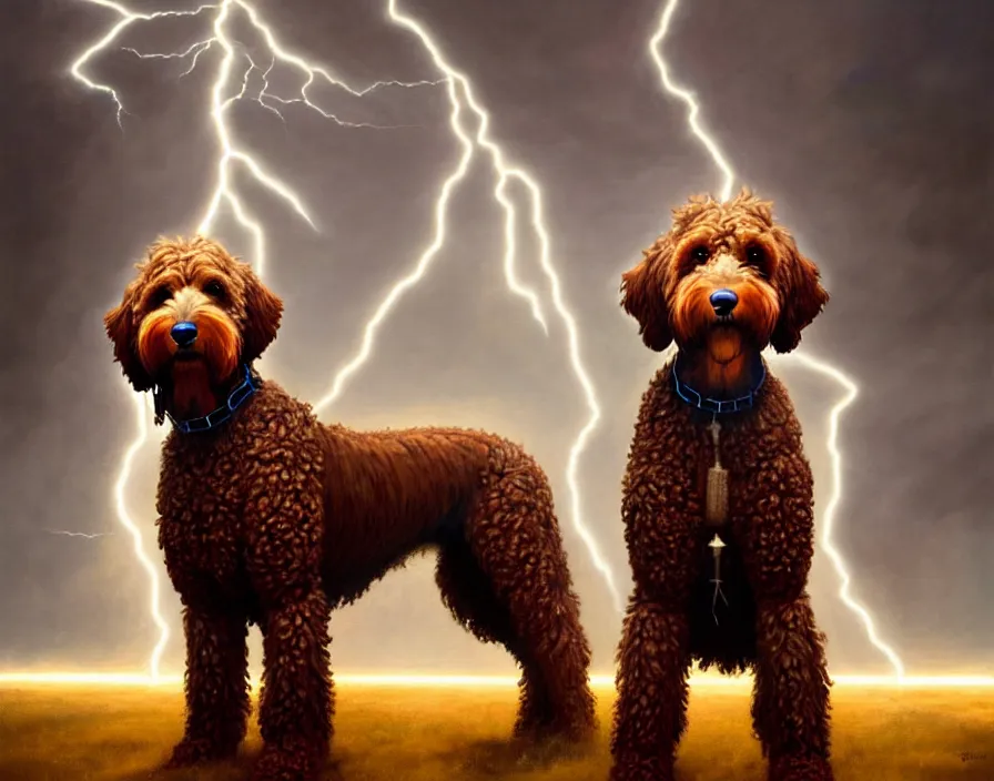 Prompt: an epic painting of a brown goldendoodle as zeus, shooting lightning bolts from his paws, by alex grey and greg rutkowski, intricate details, artstation, cinematic, hd, beautiful