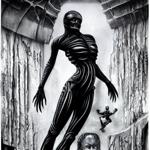 Image similar to of a matte painting of females with transparent skin holding a alien, matte painting, black and white, by hr giger , aliens, giger