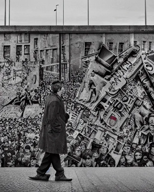 Image similar to fall of the berlin wall, hyper realism, high detail, extremely detailed, very sharp, award winning photo, in the style of vivian maier