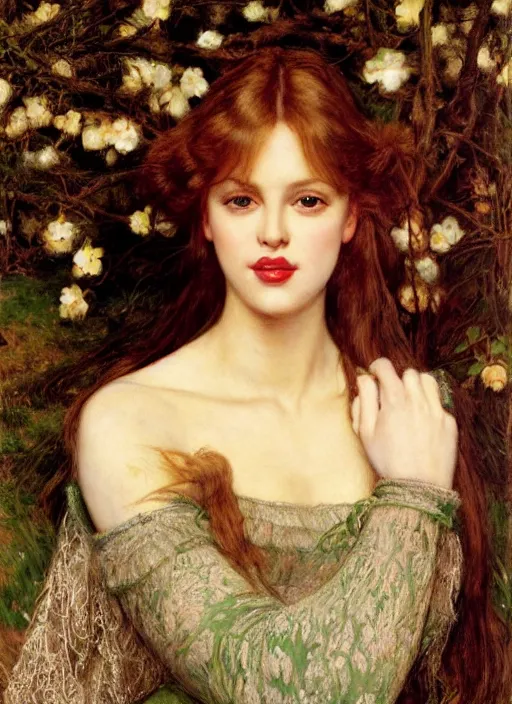 Image similar to a beautiful painting of young kylie minogue by John Everett Millais and Dante Gabriel Rossetti and John Collier and john william waterhouse, pre-raphaelite, detailed, trending on artstation, hd, masterpiece