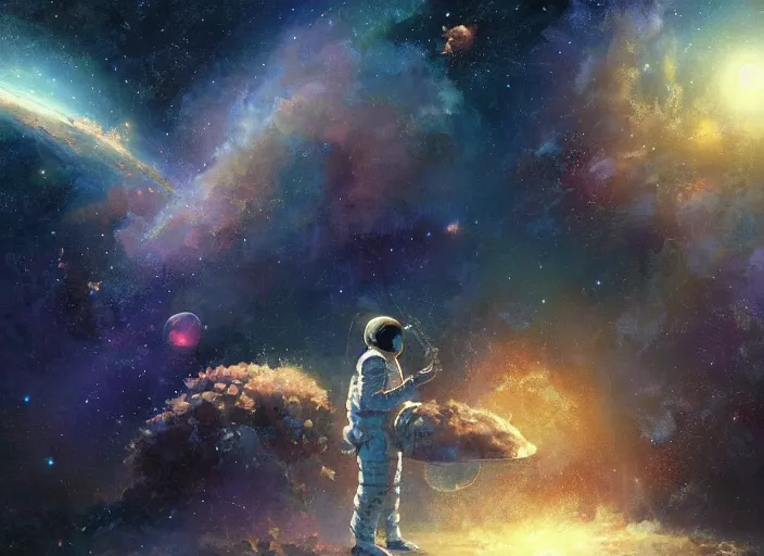 Image similar to craig mullins and ghibli digital illustration of an astronaut floating in the middle of the cosmos playing the oud!!! improvisation, full body!!!, strong contrast, earth, galaxies, ethereal, inviting, bright, unreal engine, hyper realism, realistic shading, cinematic composition, wide shot