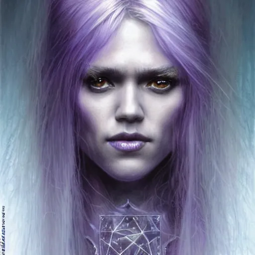 Prompt: head and shoulders portrait of a purple - skinned, white - haired drow wizard portrayed by young jessica alba, d & d, fantasy, luis royo, magali villeneuve, donato giancola, wlop, krenz cushart