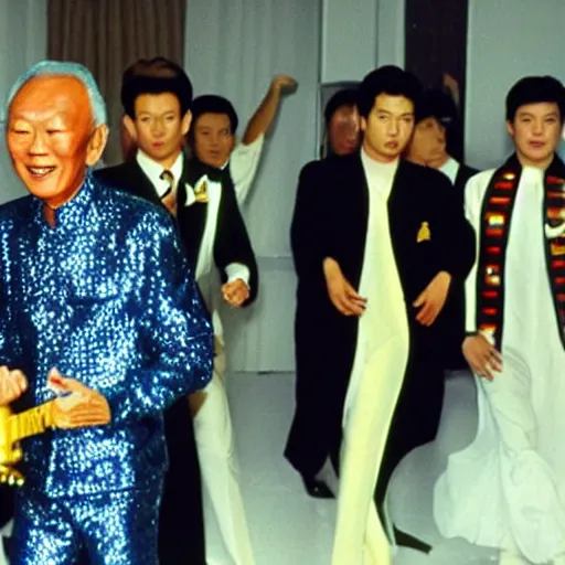 Prompt: A still of Lee Kuan Yew wearing a disco suit in Saturday Night Fever