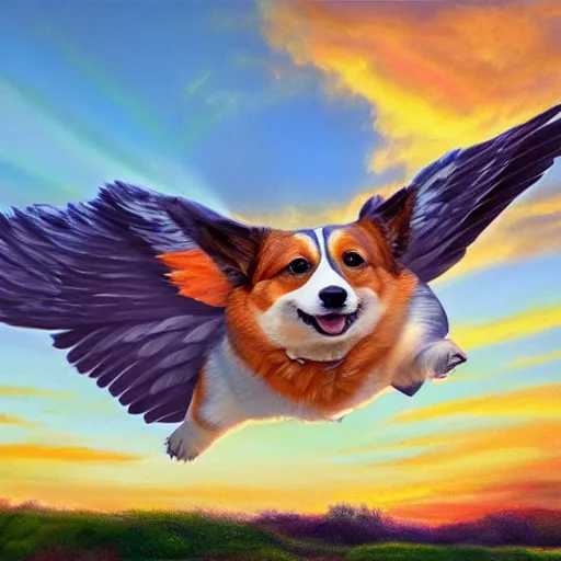 Prompt: a corgi with wings, flapping its wings flying in sunset sky, oil on canvas, portrait, intricate, 8k highly professionally detailed, HDR, CGsociety