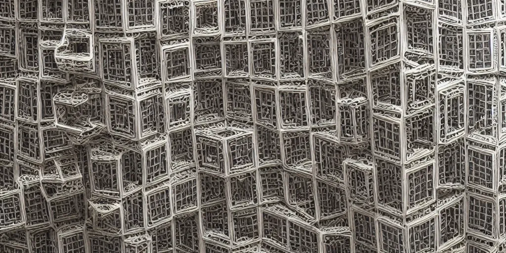 Image similar to endless menger sponge megastructure in the style of mc escher, realistic lighting, very intricate detailed photo, sharp focus, hd, 4 k