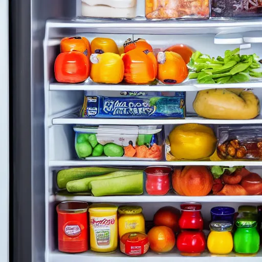 Prompt: photo of a fridge full of food, highly detailed, high quality, HD, 4k, 8k, Canon 300mm, professional photographer, 40mp, lifelike, top-rated, award winning, realistic, sharp, no blur, edited, corrected, trending