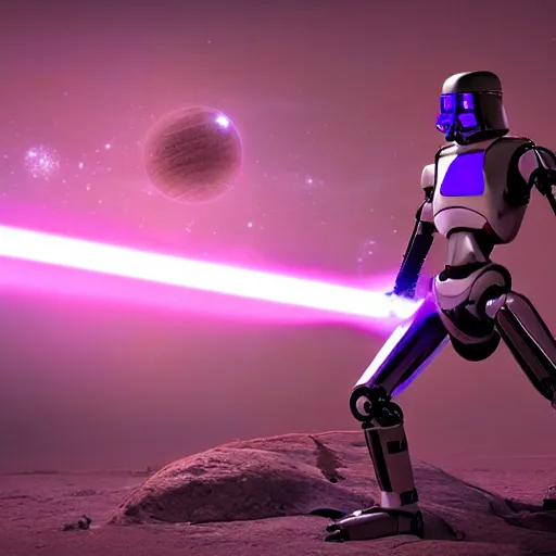 Image similar to humanoid robot wielding lightsaber in front of a violet planet, unreal engine, featured on cgsociety, scifi futuristic character concept