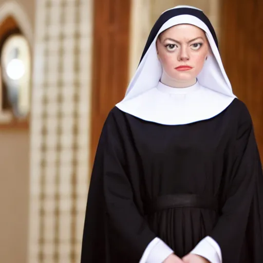 Image similar to A full body shot of Emma Stone dressed as a nun , catholic , high quality, fully detailed, 4k, in focus, detailed eyes