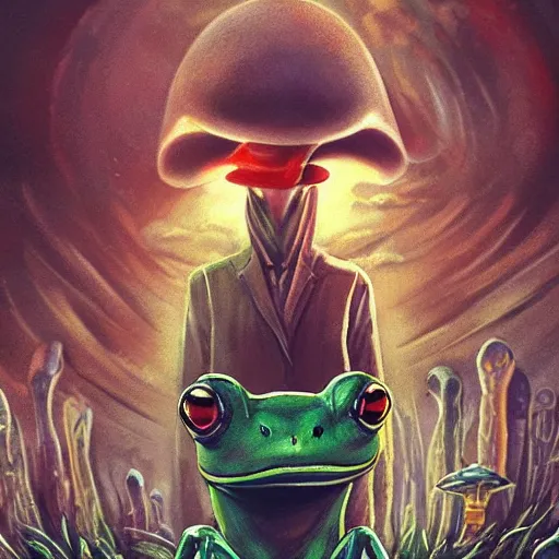 Image similar to A centered chest up portrait of a psychedelic godlike anthropomorphic frog smoking a hand-rolled cigarette , magic mushroom village in background . award winning. superb resolution. in the art style of junji Ito and greg rutkowski . Detailed Mushroom city in background. Hyper realistic anime. Perfect art. Dalle2