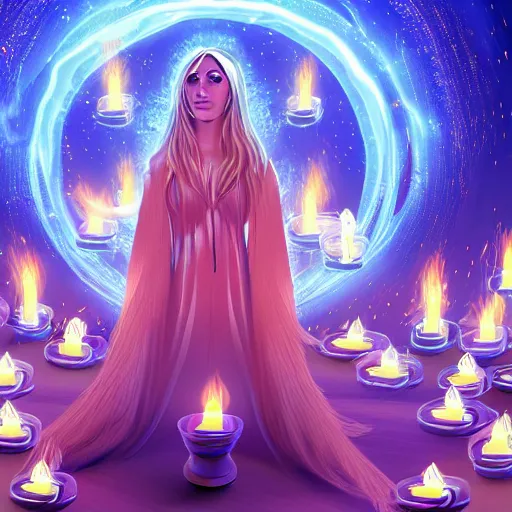 Image similar to High fantasy scene of a sorceress with long blonde hair surrounded by hooded figures and candles; digital art