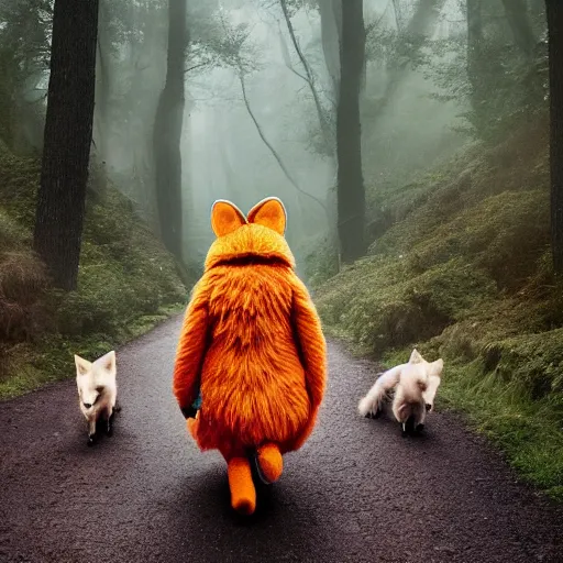 Image similar to a large fox muppet wearing a hooded cloak herding a bunch of random muppet animals following behind through a dark forest, sesame street, photograph, photography, ultrarealistic, national geographic