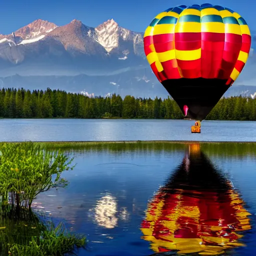 Image similar to photo of two black swans touching heads in a beautiful reflective mountain lake, a colorful hot air balloon is flying above reflecting off water, hot air balloon, intricate, 8k highly professionally detailed, centered, HDR, CGsociety