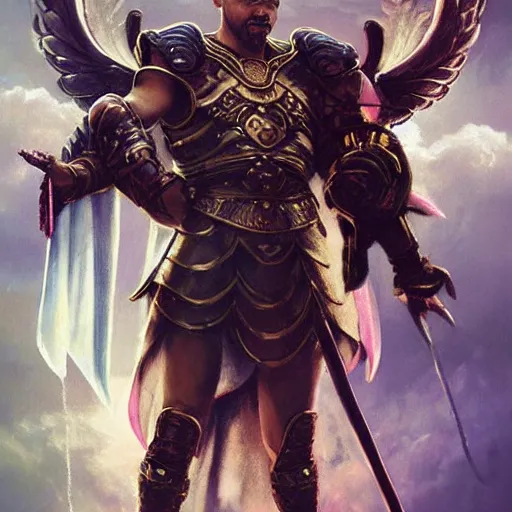 Image similar to will smith dressed as a gladiator and with angel wings fights against demons, matte painting, bold shapes, hard edges, street art, trending on artstation, by huang guangjian and gil elvgren and sachin teng