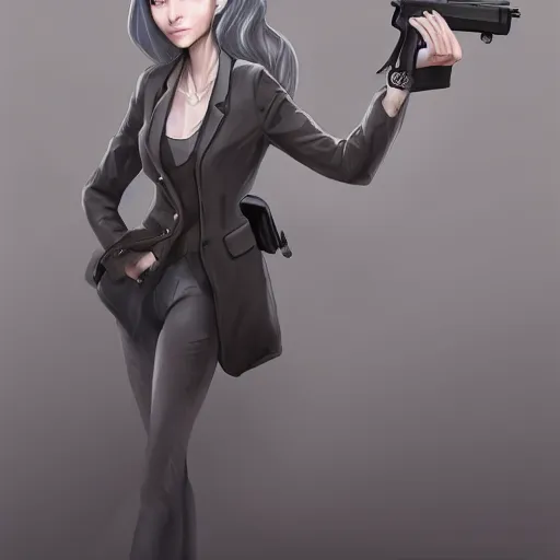 Prompt: a girl wearing a business, she has grey hair and is holding a revolver, digital painting, smooth, hd, realist, artstation, deviantart