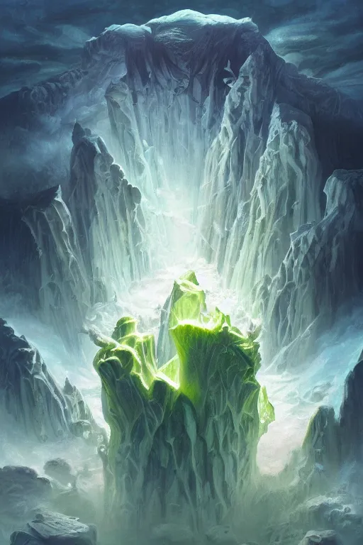 Image similar to iceberg lettuce face, painted by neil gaiman and glen orbik and julie bell and don maitz, trending on artstation, dramatic lighting isometric view epic fantasy, muted colors, futuresynth, psychedelic, lettrism