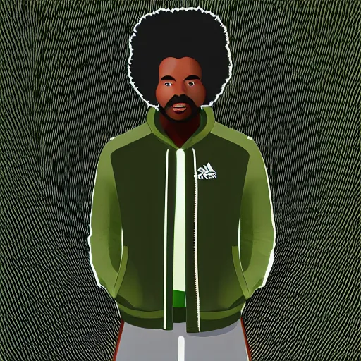 Image similar to vector art of a black man with afro hair and raspy bear stubble, wearing an army green adidas jacket, high quality, minimalist