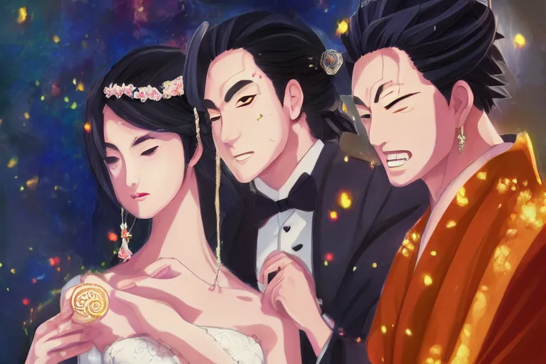 Image similar to a cinematic portrait of wedding photograph jpeg close up moment of a divine a japan sun god and moon goddess lovers magician at a wedding banquet. portraiture. digital painting. artstation. concept art. wedding photo. digital painting. naruto the movie art masterpiece by art by krenz cushart