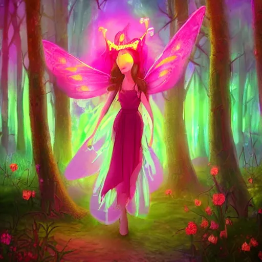 Image similar to fairy princess clothing store in a woodland grove, neon wings cute colorful pretty artistic girly avant garde 4 k artstation trending dramatic lighting high frequency noise